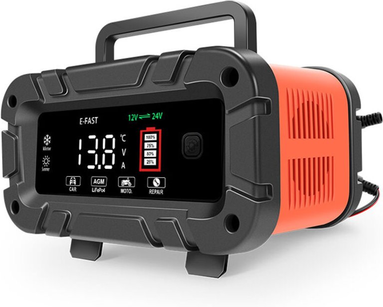 Intelligentes 12V/24V 0-10A Ladegerät – Großes Display. Kompatibel mit Blei-Säure- und LiFePO4-Akkus. Automatische Wartu...