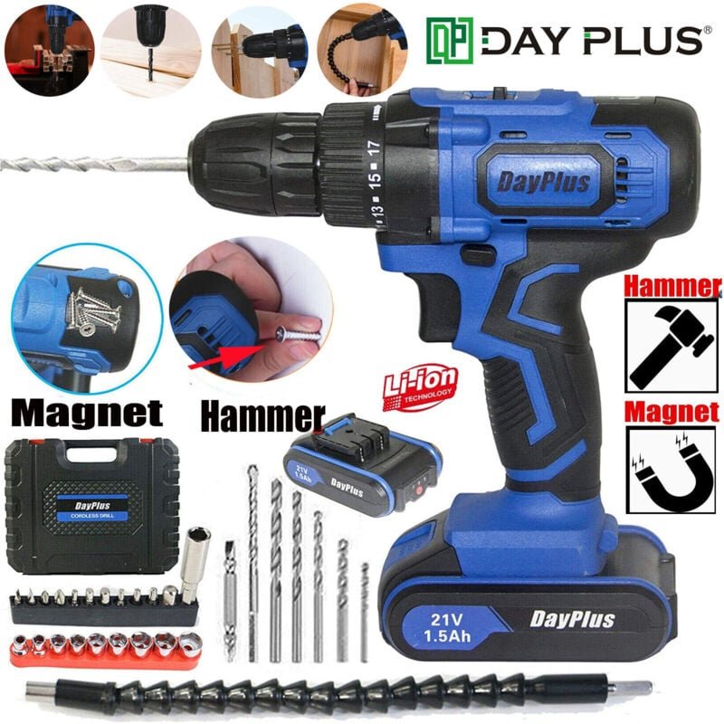 Akku-Bohrer 21V Akku-Bohrschrauber mit Hammerkopf Magnet Funktion,2x 1.5Ah Akkus,45Nm 18+1 Drehmomentstufen Akkuschraube...