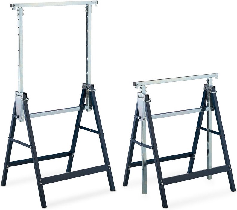 Relaxdays Gerüstbock, 2er Set, 7-fach höhenverstellbar, 200 kg belastbar, klappbar, Unterstellbock, Stahl, blau-silber