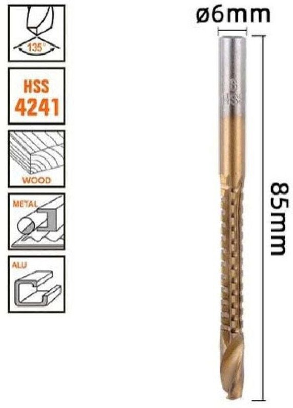 Vtizikl Punta Trapano Elicoidale ø6mm X 85mm In Titanio Hss 4241 Per Metallo Legno 57150 -