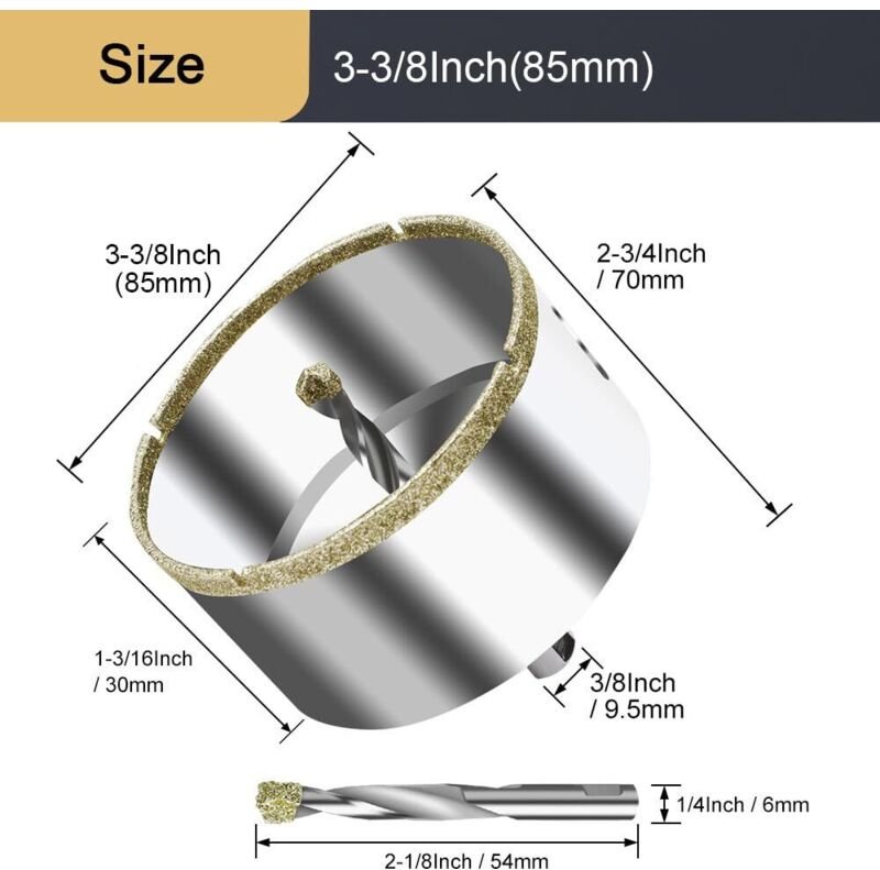 85 mm Diamant-Lochsäge mit Zentrierführungsbohrer, Diamant-Kernbohrer für Glas, Fliesen, Keramik, Marmor, Granit