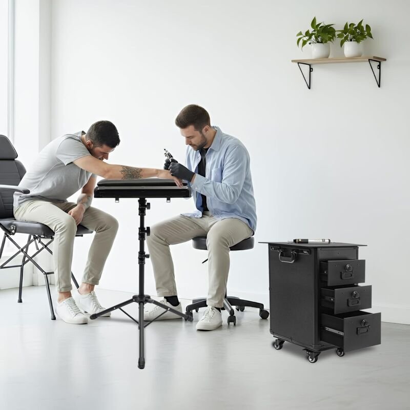Kosmetikkoffer Trolley mit Armlehnenständer, Tattoo Koffer mit 3 Schubladen, Professionell Make Up Koffer Tattoo Tisch B...