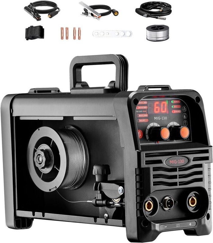 MIG-Schweißgerät – vielseitige 130-Ampere-Schweißlösung. Dieses tragbare 3-in-1-Gerät bietet Fülldraht-MIG-, Stab- und L...