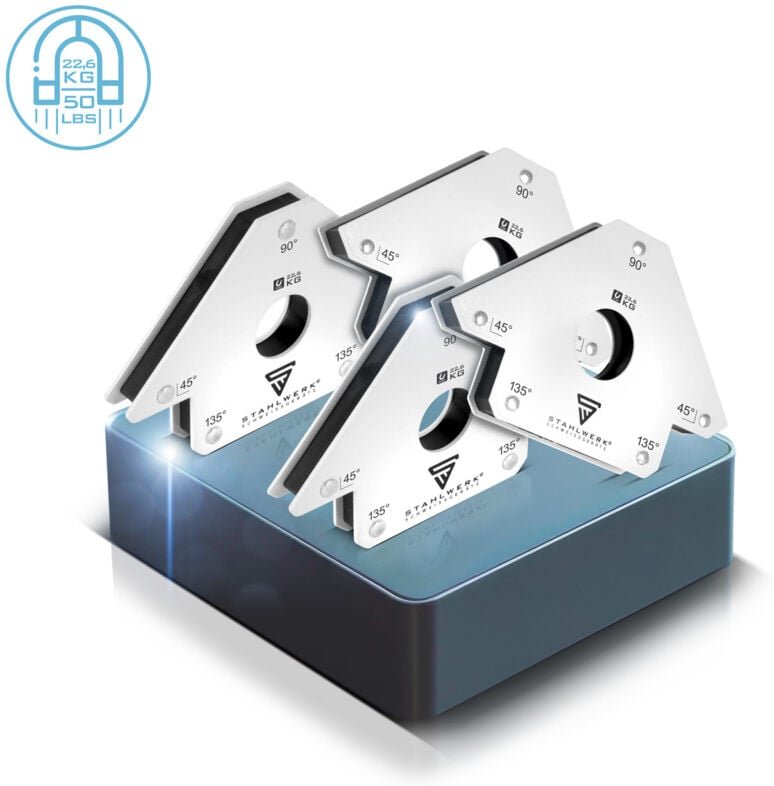 STAHLWERK 4 x Magnet-Schweißwinkel 45° x 90° x 135°, 22,6 kg / 50 lbs 4er Set