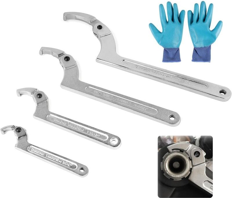 Ein 4er-Set Hakenschlüssel Verstellbar, C Schraubenschlüssel aus Chrome Vanadium, mit Handschuhe, für 19-170mm Nutmutter...