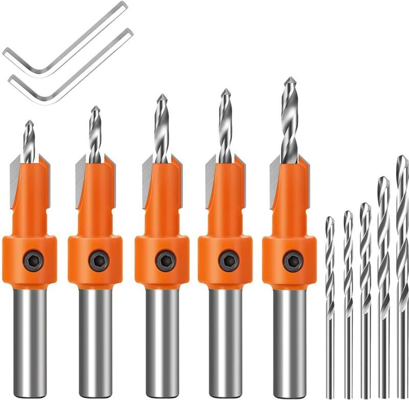 Senkbohrer Set für Holz, 10 tlg. Bohrer mit Senker Holzbohrer Kegelsenker Set 8 mm Schaft mit Sechskantschlüssel, für Ho...