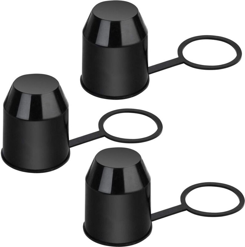 Set mit 3 Schutzkappen für Anhängerkupplungen. Aus Kunststoff – mit Sicherheitsring – wetterfest und waschanlagenfest.