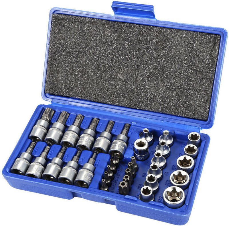 34-teiliger Torx-Steckschlüsselsatz, Steckschlüssel für Torx-Schrauben (Außen- und Außengewinde) 3/8" E4-E20 T10-T55, 5/...