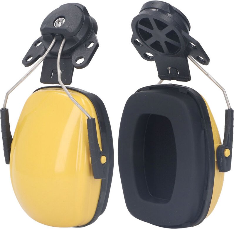 Paar Schutzhelme, Ohrenschützer, Gehörschutzkopfhörer für Baustellen und Produktionsstätten