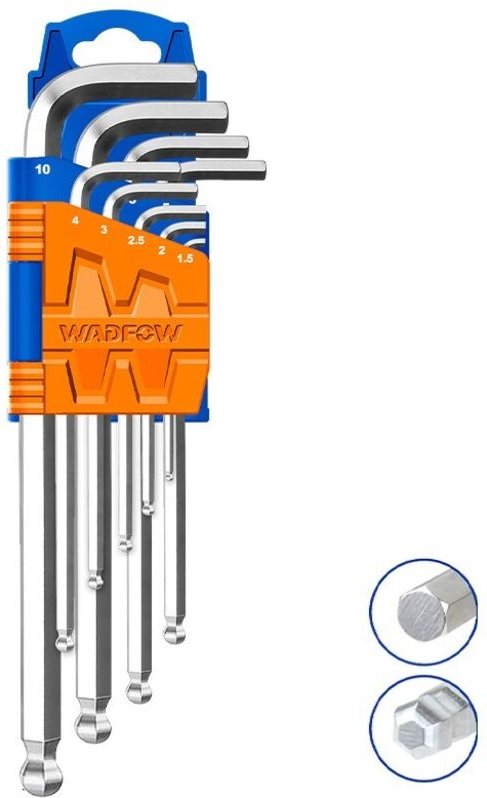 WADFOW 9-teiliger langer Inbusschlüsselsatz mit Kugelkopf aus Cr-V-Stahl, langer Arm und Chrom-Finish