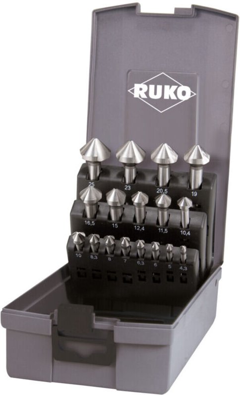 RUKO Kegel- und Entgratsenker-Satz DIN 335 Form C 90° HSS in Kunststoffkassette - 17 tlg. - 102155RO