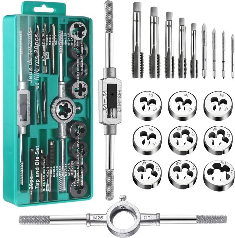 20-teiliges Gewindeschneidset M3–M12, Fein- und Grobgewinde, GCr15-Legierungsstahl, inklusive Transportkoffer – Gewindes...