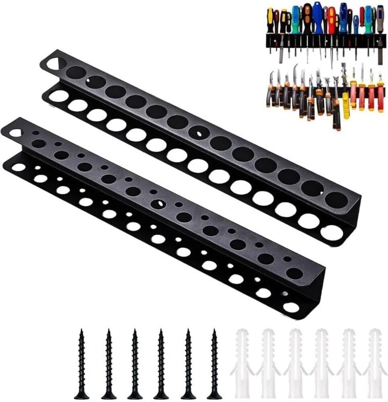 Set aus 2 wandmontierten Werkzeughaltern aus Metall mit 14 bzw. 23 Löchern für Zangen, Schraubendreher und andere Werkze...