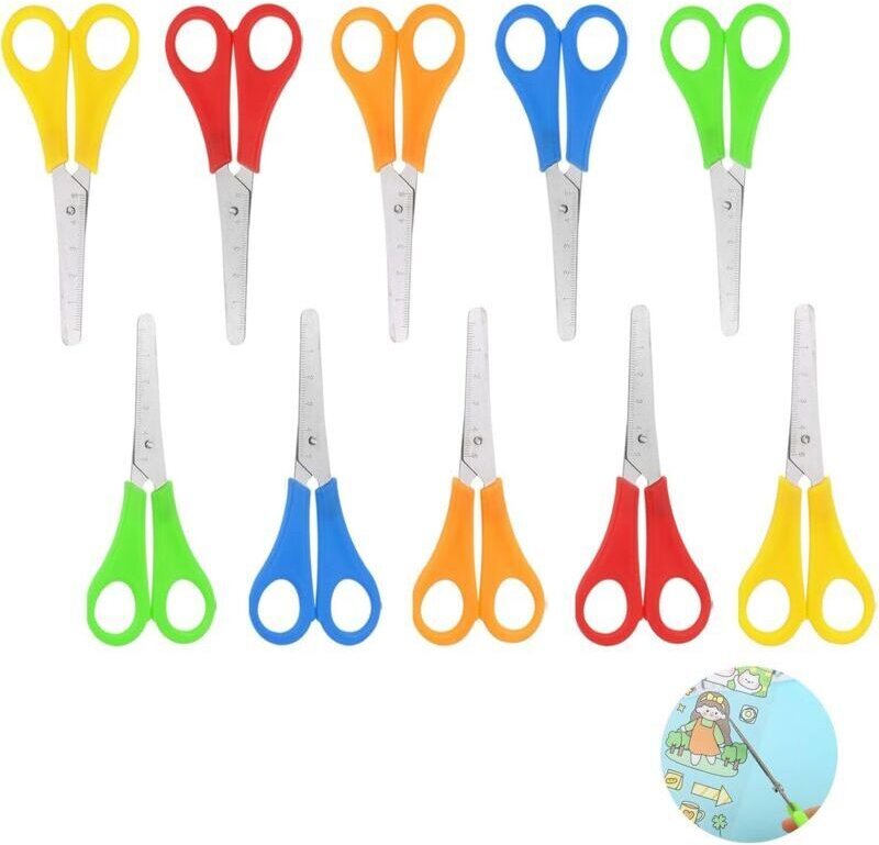Set mit 10 Kinderscheren – Edelstahl – mit Zentimeter-Markierungen – für Bastelarbeiten – 5 Farben