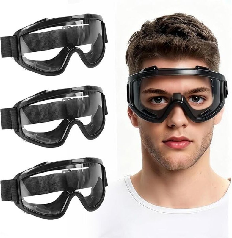 Set mit 3 Schutzbrillen, beschlagfrei, kratzfest, belüftet, verstellbares Kopfband, für Heimwerkerarbeiten, Arbeit, Labo...