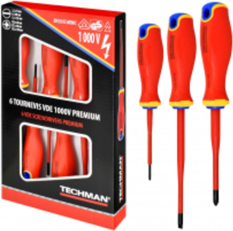 Set aus 6 Schraubendrehern VDE 1000V, Flachkopf, Größen 2,5x75 / 4x100 / 5,5x100 / Pz0x60 / Pz1x80 / Pz2x100