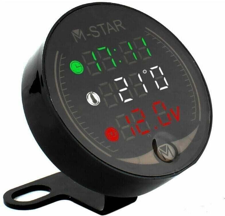 4-in-1 ATV/Motorrad-Voltmeter + Elektronische Uhr + Thermometer + Stoppuhr, Digitaler LED-Temperatur- und Spannungsmesse...