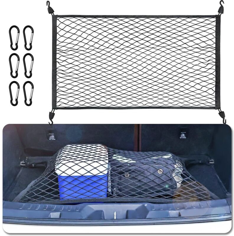 Gepäcknetz für den Kofferraum, Größe 80 x 60 cm, mit 6 Karabinerhaken, 4 Haken und elastischer Verstärkung