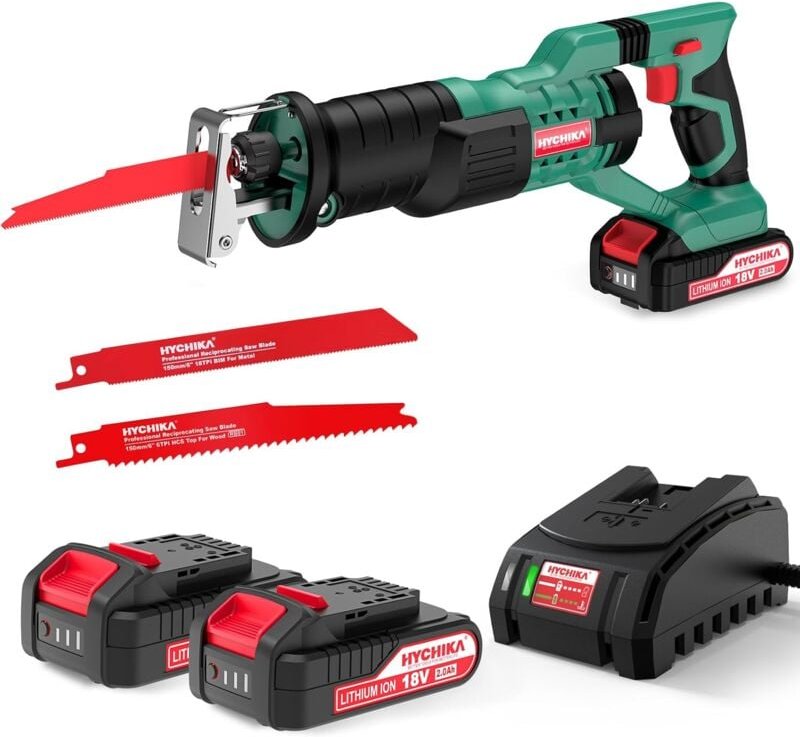 Hychika - Stichsäge, 18 v Akku-Säge mit 2 x 2000 mAh Akkus, variable Geschwindigkeit von 0 bis 2800 U/min, 4 Sägeblätter...