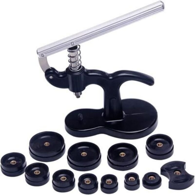 Komplettes Uhrenreparaturset mit Uhrmacherpresse und 12 Einsätzen, schwarz