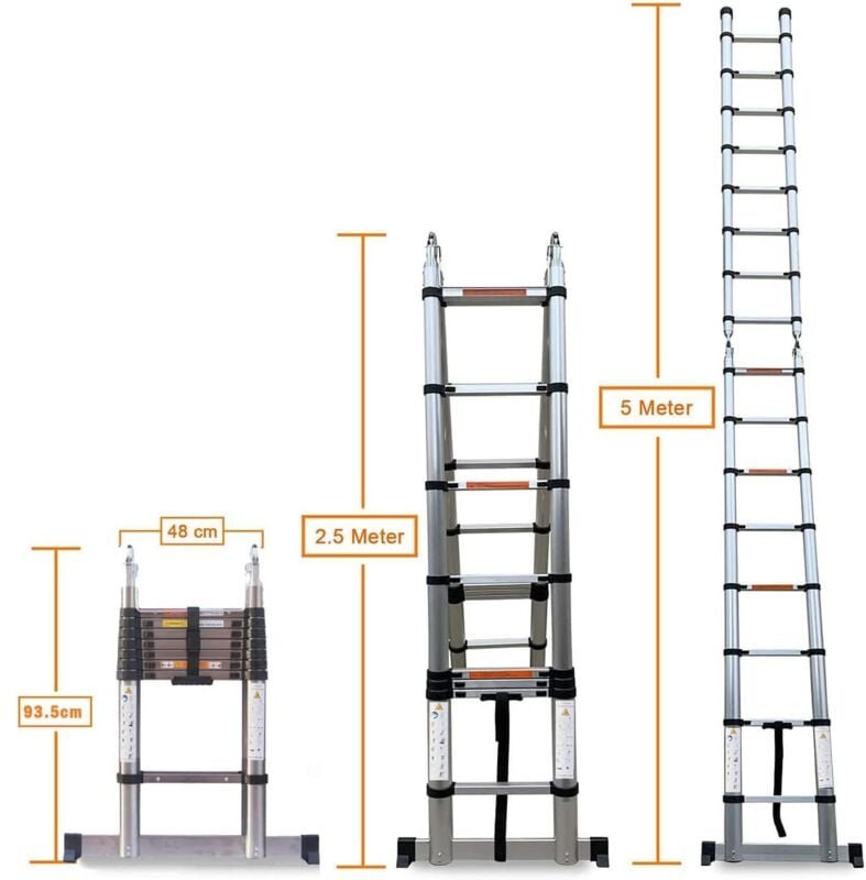5m(2,5+2,5) Teleskopleiter Ausziehleiter Edelstahlleiter A-Rahmen Klappleiter für Wohnmobil/Dachboden/Büro/Warenhaus Meh...