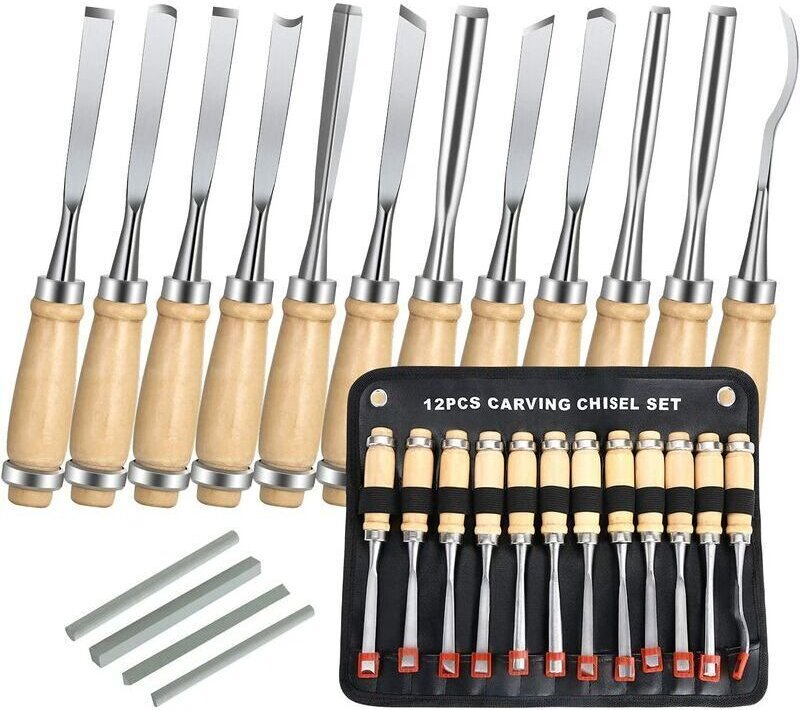 Ciseaux a Bois, 12PCS Outil de Gravure Bois Kit, Décapage Couteau Sculpture sur Bois avec Manche en Bois et Moulinet, po...