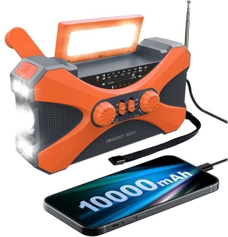 Notradio, 10000 mAh, Handkurbel-Solarladegerät, tragbare LED-Taschenlampe, orange