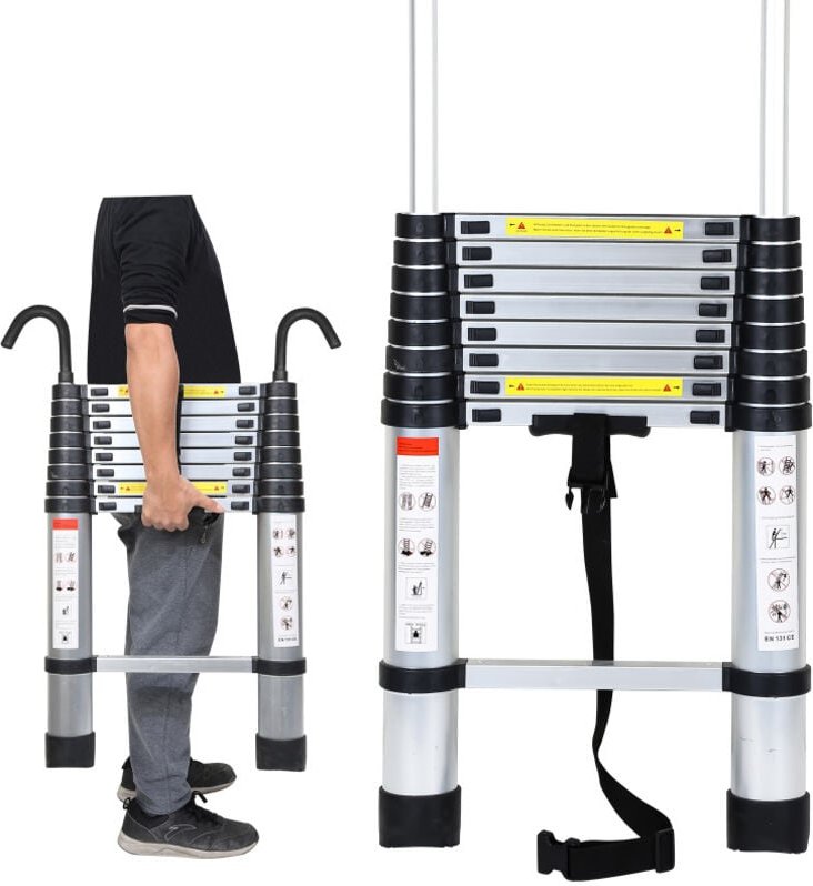 SWANEW Teleskopleiter Mit Haken Aluminium Stehleiter Silber Klappleiter 2.6m
