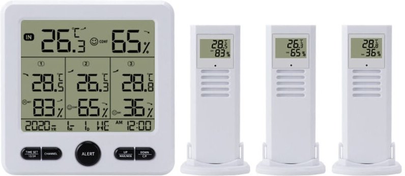 Thermometer und Hygrometer mit 3 externen Sensoren, Hintergrundbeleuchtung und großem LCD-Display, ℃/℉-Umschaltung