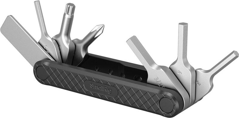 Klappbarer Werkzeugsatz mit Schraubendrehern und Inbusschlüsseln, sieben funktionelle Werkzeuge enthalten, schwarz