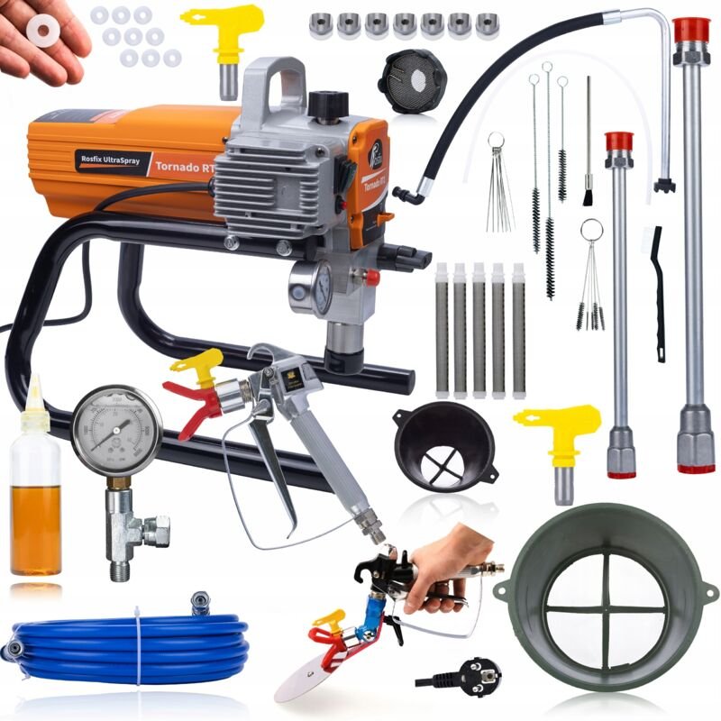 Rosfix Set Tornado RT1 UltraSpray – Farbspritzgerät 1800 W, 22 MPa, 2,2 l/min Mit Pistole, 8 m Schlauch, Düsen, Lanzen, ...