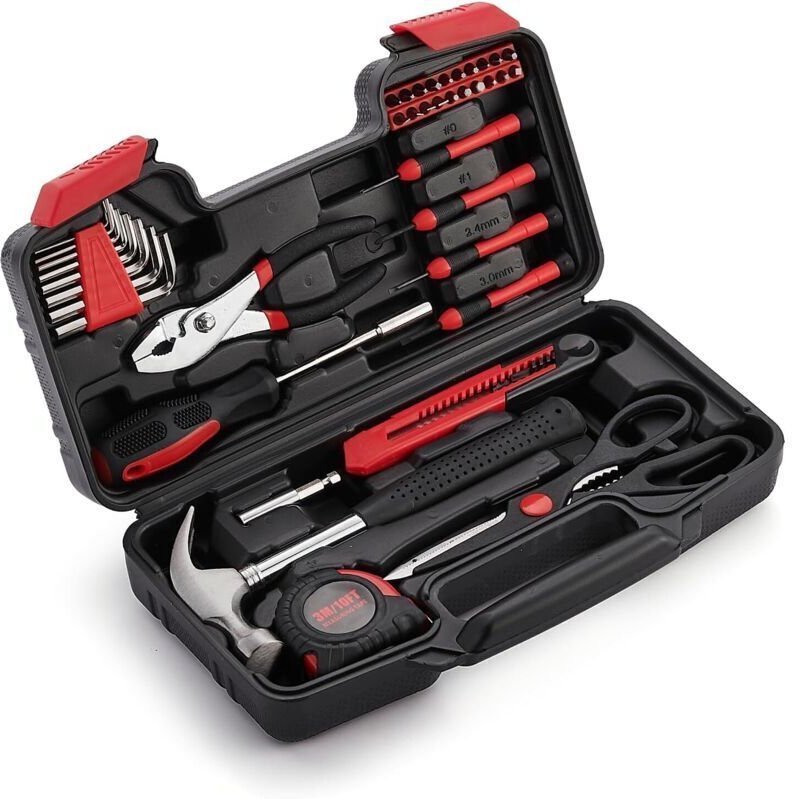 39-teiliger Werkzeugkasten, tragbarer Koffer, Heimwerker-Set für Reparaturen, Montage und Wartung im Haus, Rot