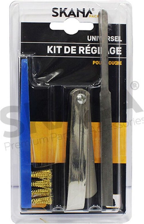 Justiersatz für Zündkerzen-Einstellung. Bestehend aus 1 Satz Abstandshalter, 1 Flachfeile und 1 Reinigungsbürste.