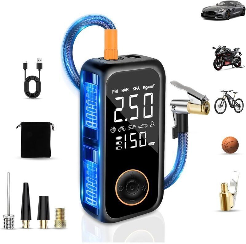 Kabelloser Autoreifenfüller, 8000-mAh-Mini-Kompressor, elektrische Fahrradpumpe (150 PSI) mit digitalem LCD-Display und ...