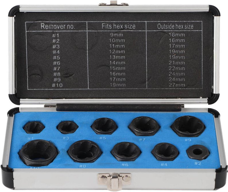 11-teiliges Set zum Ausdrehen beschädigter Bolzen und Muttern von 9 bis 19 mm mit Sicherungshülse