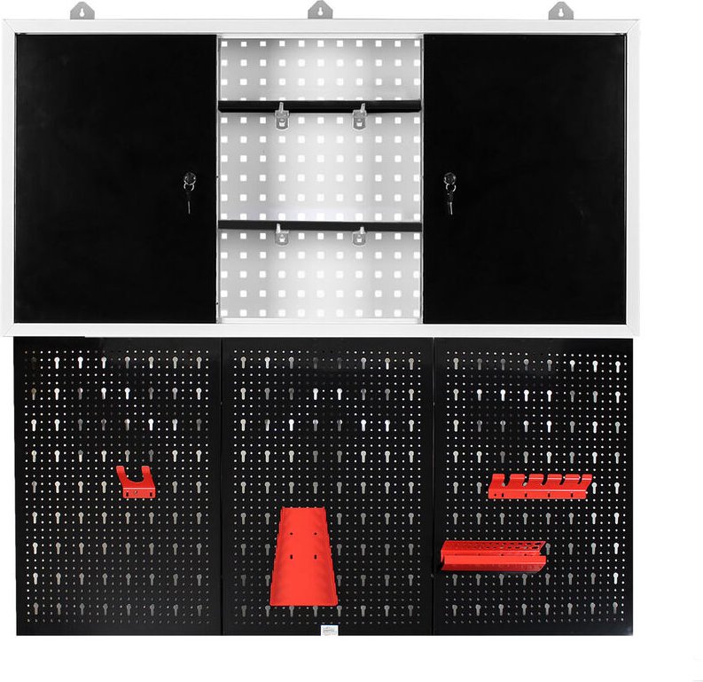 Werkzeugwand und Werkzeugschrank Set, 3x Lochwand plus 1x Hängeschrank, Werkzeughalter Wand aus Stahl, Lochplatten und W...