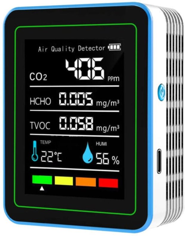 Innenraum-Luftqualitätsmonitor 5-in-1, tragbarer präziser CO2-, TVOC-, HCHO-, Temperatur- und Feuchtigkeitsdetektor, Luf...