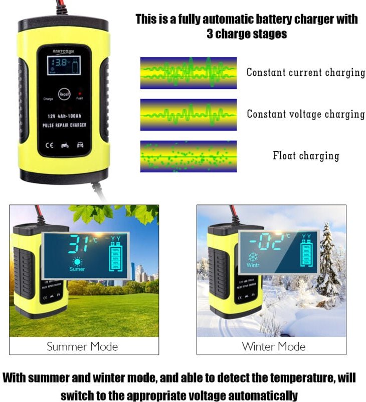 Vollautomatisches 12V6A Autobatterie-Ladegerät, intelligente Ladegeräte, Impulsreparatur, Bleiakku-Ladegerät mit LCD-Dig...