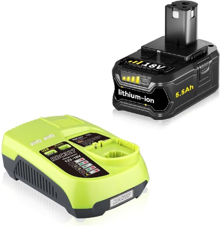 Pdstation - 5500 mAh Ersatz-Li-Ionen-Akku für Ryobi 18 v P108 Akku mit Ryobi-Ladegerät P117 RB18L50 RB18L40 RB18L25 RB18...