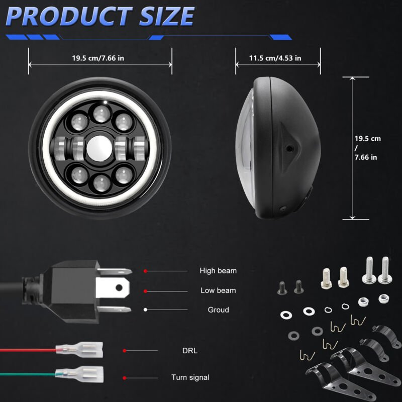 7-Zoll-LED-Motorradscheinwerfer mit Gehäuse und Fern-/Abblendlicht, Blinkern, Tagfahrlicht und Kurvenlicht, 7-Zoll-Runds...