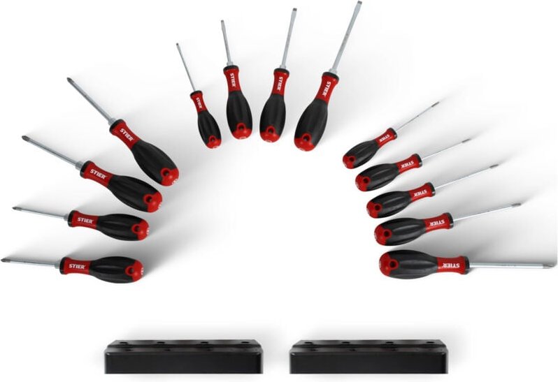 STIER Schraubendreher Set 15-tlg mit 2 Ständern, 3K-Kraft-Griff