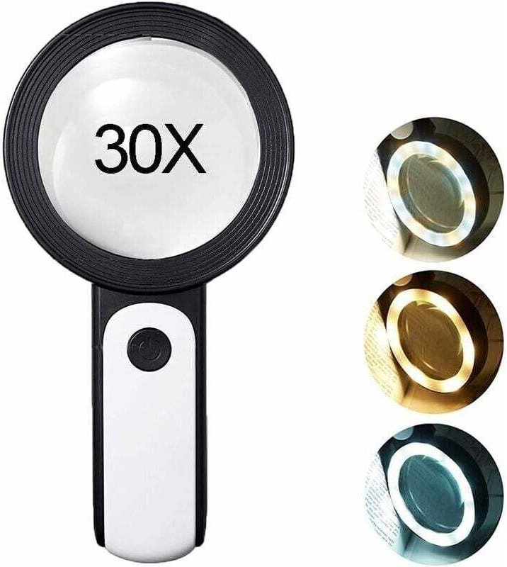 30-fache Vergrößerungslupe mit 18 LEDs, Leselupe mit Beleuchtung für Lesen, Uhrmacherei, Hobbys, Basteln, Münzen, Briefm...