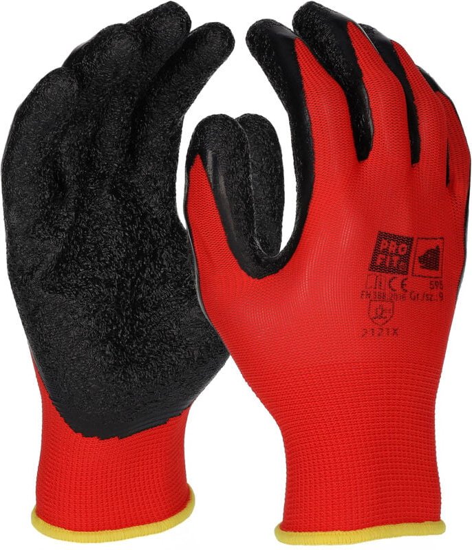 PRO FIT Latex-Feinstrickhandschuh SUPER – Größe 9 - 12 Paar, Arbeitshandschuhe atmungsaktiv, Rot/Schwarz, mit gerauter B...