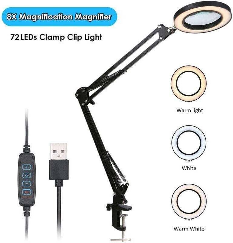 Lupe mit LED-Clip, 8-fache Vergrößerung, 10 Stufen, einstellbare Helligkeit, 3-farbige Helligkeitsanzeige, Farbtemperatu...