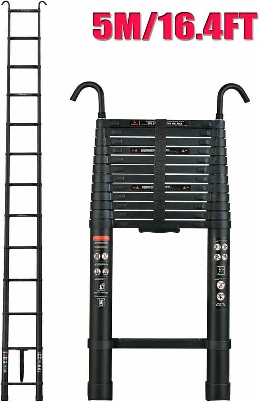 16.5FT Teleskopleiter mit abnehmbarem Haken aus Aluminium Schwerlast Ausziehbare Faltbare Mehrzweckleiter EN131 sicherhe...