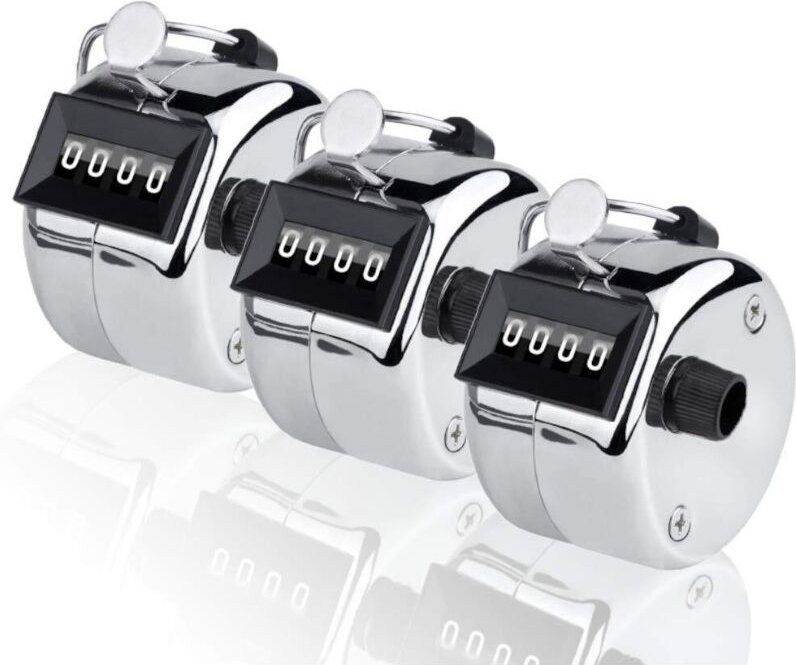 Set aus 3 handgefertigten Zählwerken, 4-stellige manuelle Kniepolster mit Zählwerk, mechanische Metallratschen, zählt bi...