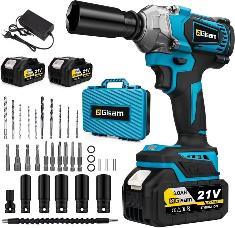 Akku Schlagschrauber 650N 2X3.0 Ah Batterien 33 Zubehörteile 1/2' Elektro Akku Schlagschrauber geeignet für Kfz Reparatu...