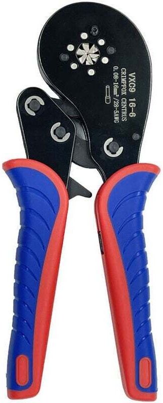 Crimpzange für Klemmen. Crimpkapazität 0,08–16 mm². Crimpzange für Klemmen in Schwarz, Rot und Blau.