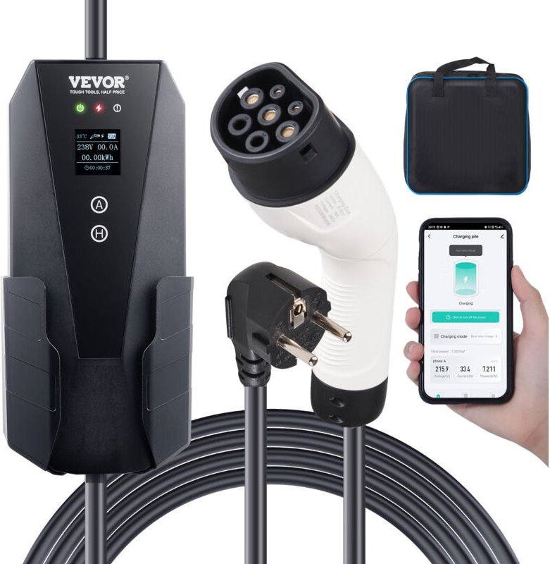 Tragbares EV-Ladegerät mit LCD-Display 3,68 kW Ladegerät für Elektrofahrzeuge EV-Ladekabel Typ 2(IEC62196) cee 7/7 Steck...