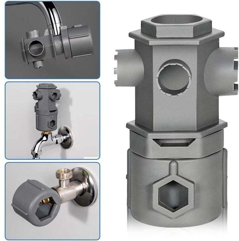 Clé multifonction pour robinet. Comprend une clé pour robinet, une clé pour robinet d'arrêt, un outil tout-en-un et une ...